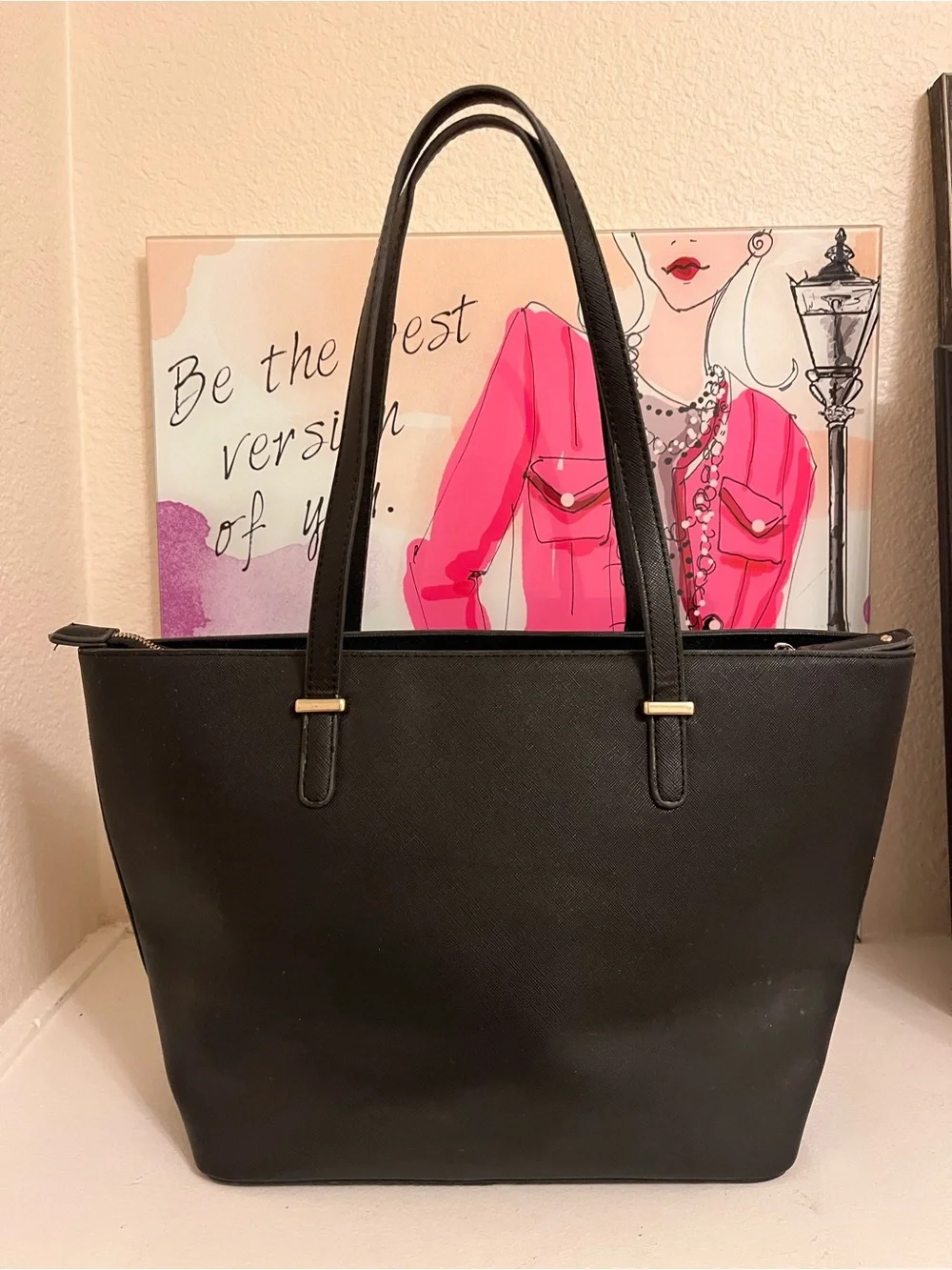 kate spade Black Saffiano Tote with Gold Logo Accents